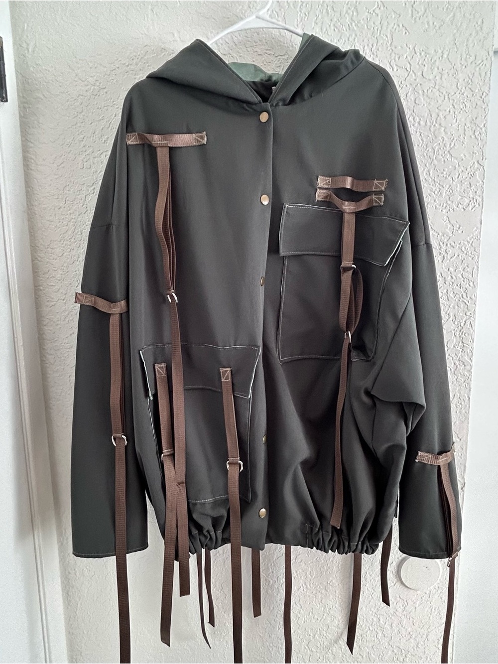 Olive Green Military Field Jacket with Brown Strap Accents